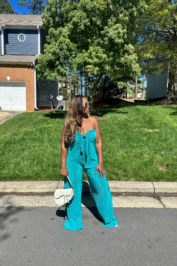 Paradise Pleated Knotted Front Strapless Jumpsuit - Turquoise