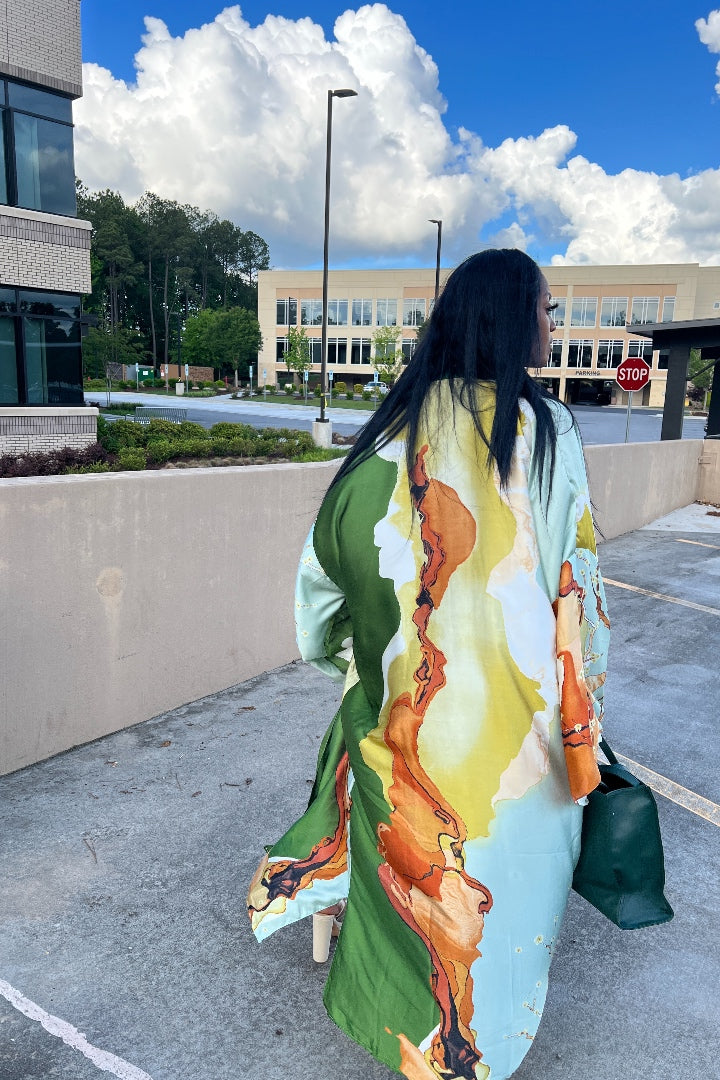 PRE-ORDER Cartagena Satin Open Front Kimono Long Kimono - Green Blend