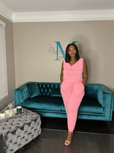 Casual Slay Button Front Jumpsuit -Bright Pink