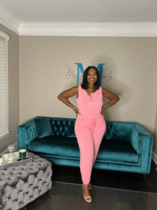 Casual Slay Button Front Jumpsuit -Bright Pink