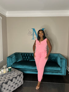 Casual Slay Button Front Jumpsuit -Bright Pink