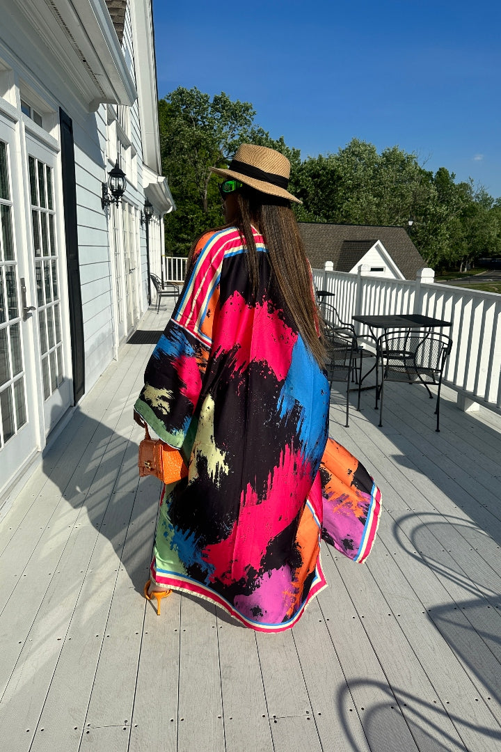 PRE-ORDER Paint Splatter Satin Open Front Kimono Long Kimono - Multicolor Blend Ships 5/28
