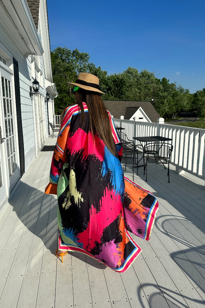 PRE-ORDER Paint Splatter Satin Open Front Kimono Long Kimono - Multicolor Blend
