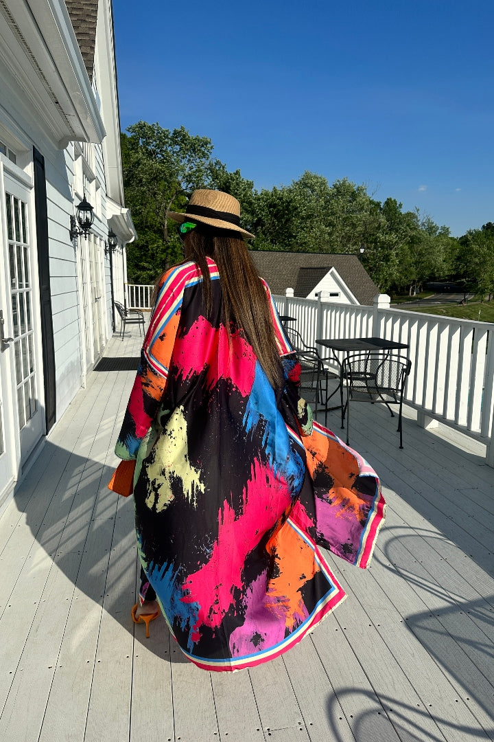 PRE-ORDER Paint Splatter Satin Open Front Kimono Long Kimono - Multicolor Blend Ships 5/28