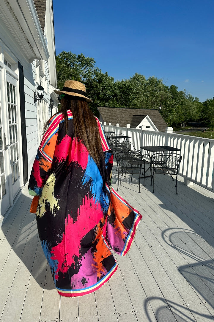 PRE-ORDER Paint Splatter Satin Open Front Kimono Long Kimono - Multicolor Blend
