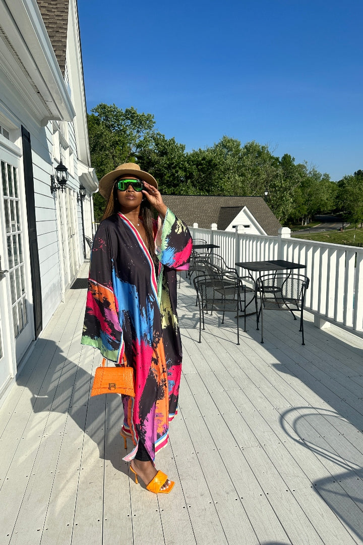 Paint Splatter Satin Open Front Kimono Long Kimono - Multicolor