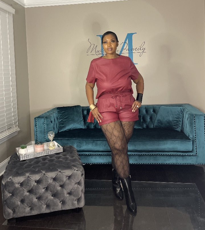 Faux Leather Vegan Shorts Only -Dark Red