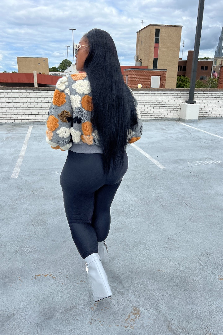 RESTOCKED Fashion Floral Sweater Bomber Jacket - Grey and Mustard Blend Ships 12/15