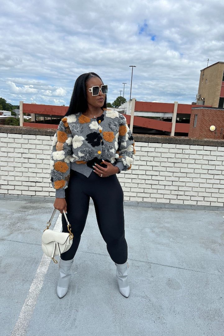 RESTOCKED Fashion Floral Sweater Bomber Jacket - Grey and Mustard Blend Ships 12/15