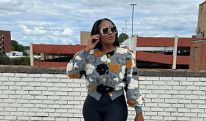 RESTOCKED Fashion Floral Sweater Bomber Jacket - Grey and Mustard Blend Ships 12/15