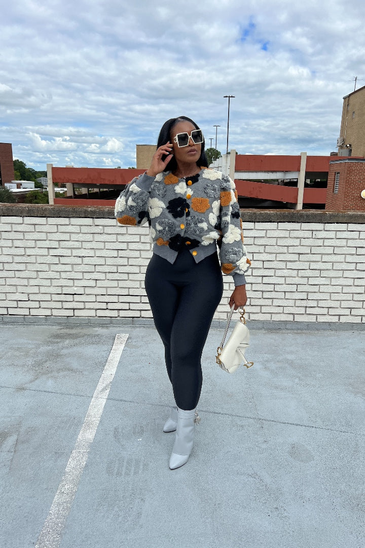 RESTOCKED Fashion Floral Sweater Bomber Jacket - Grey and Mustard Blend Ships 12/15