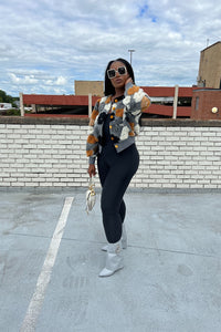 RESTOCKED Fashion Floral Sweater Bomber Jacket - Grey and Mustard Blend Ships 12/15