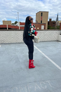 RESTOCKED Fashion Floral Sweater Bomber Jacket - Teal and Red Blend Ships 12/19