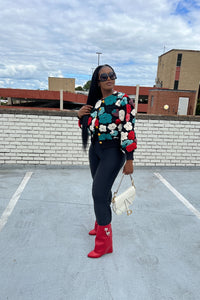 RESTOCKED Fashion Floral Sweater Bomber Jacket - Teal and Red Blend Ships 12/19