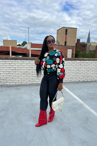 RESTOCKED Fashion Floral Sweater Bomber Jacket - Teal and Red Blend Ships 12/19