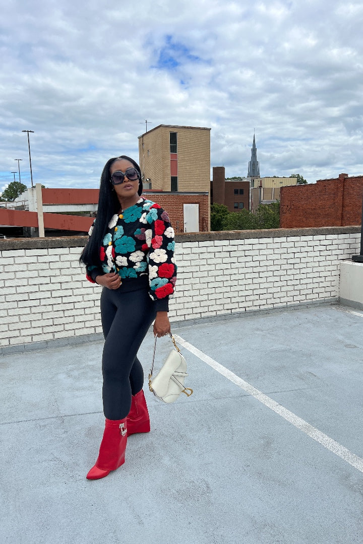 RESTOCKED Fashion Floral Sweater Bomber Jacket - Teal and Red Blend Ships 12/19