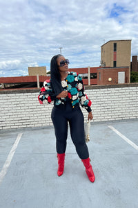 RESTOCKED Fashion Floral Sweater Bomber Jacket - Teal and Red Blend Ships 12/19