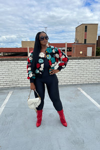 RESTOCKED Fashion Floral Sweater Bomber Jacket - Teal and Red Blend Ships 12/19