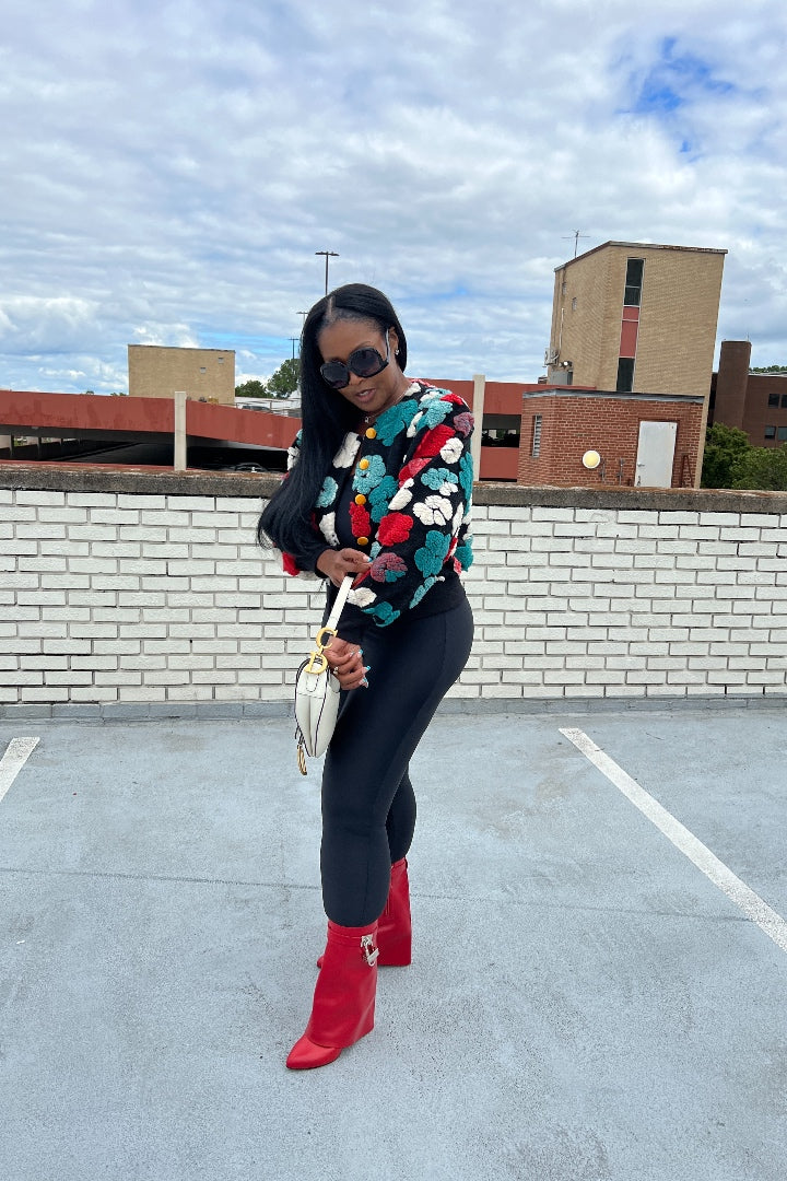 RESTOCKED Fashion Floral Sweater Bomber Jacket - Teal and Red Blend Ships 12/19