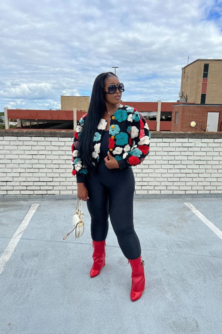 RESTOCKED Fashion Floral Sweater Bomber Jacket - Teal and Red Blend Ships 12/19