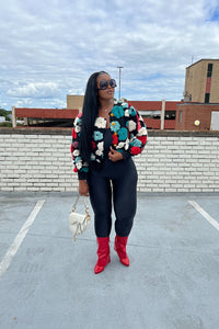 RESTOCKED Fashion Floral Sweater Bomber Jacket - Teal and Red Blend Ships 12/19
