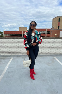 RESTOCKED Fashion Floral Sweater Bomber Jacket - Teal and Red Blend Ships 12/19
