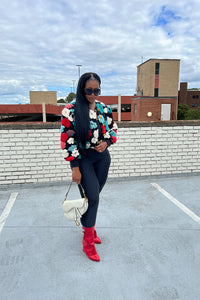 RESTOCKED Fashion Floral Sweater Bomber Jacket - Teal and Red Blend Ships 12/19