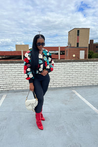 RESTOCKED Fashion Floral Sweater Bomber Jacket - Teal and Red Blend Ships 12/19