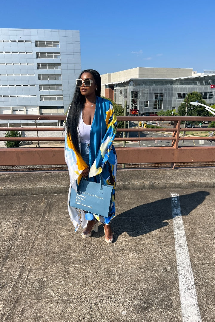 RESTOCKED Barbados Satin Open Front Long Kimono - Blue and Yellow Blend Ships 5/20