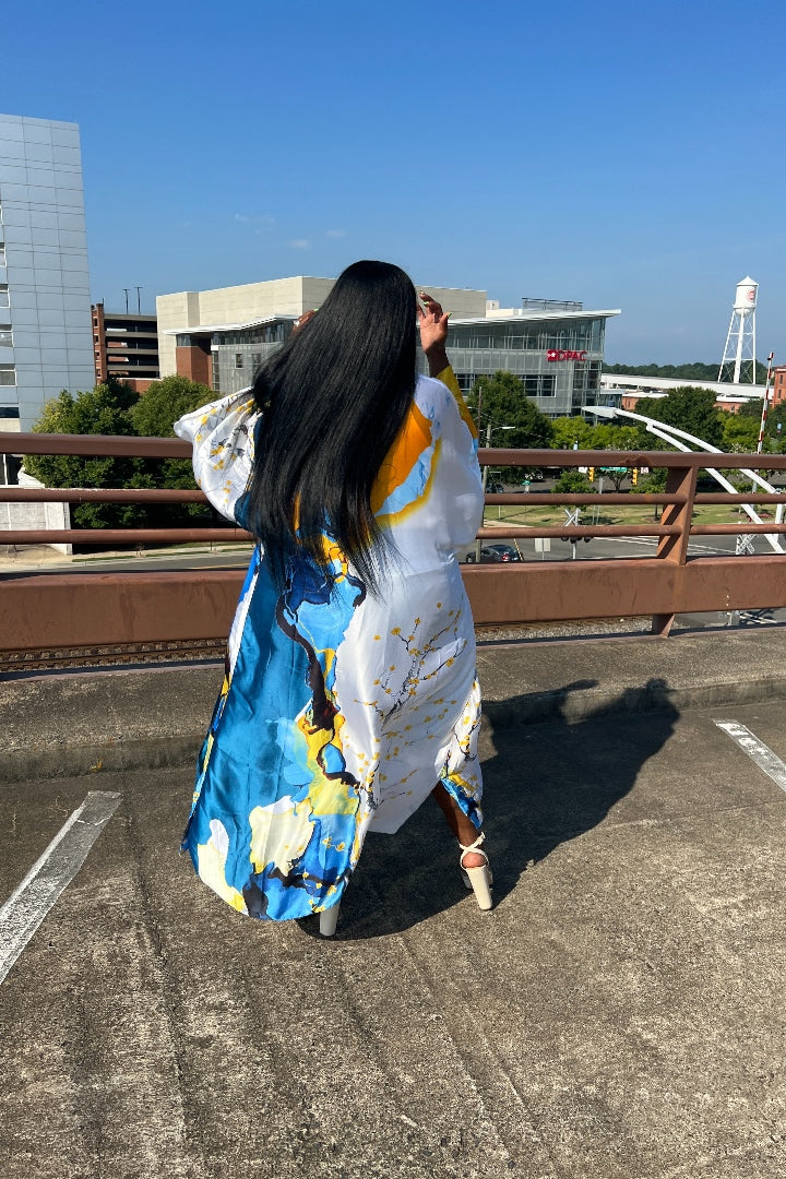 RESTOCKED Barbados Satin Open Front Long Kimono - Blue and Yellow Blend Ships 5/20