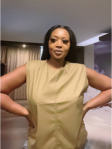 Faux Leather Vegan Stretch T Shirt Top - Olive