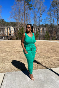Casual Slay Button Front Jogger Jumpsuit -Kelly Green