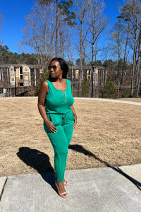 Casual Slay Button Front Jogger Jumpsuit -Kelly Green