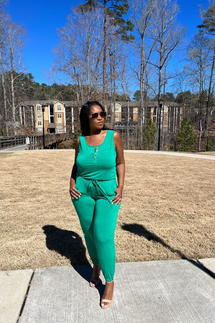 Casual Slay Button Front Jogger Jumpsuit -Kelly Green