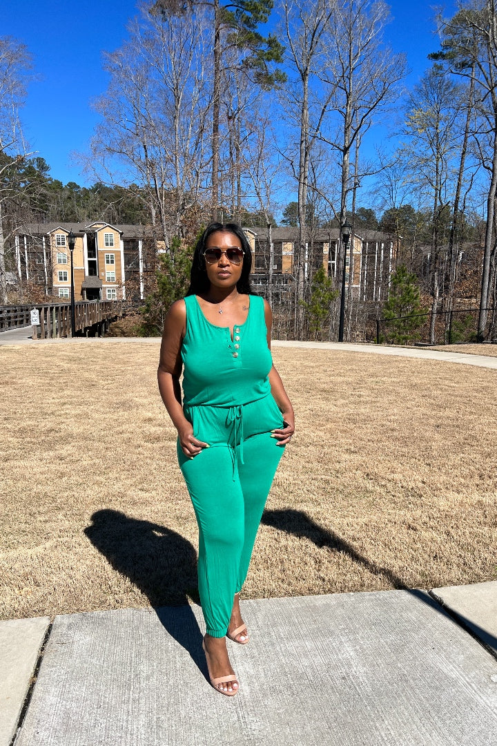 Casual Slay Button Front Jogger Jumpsuit -Kelly Green