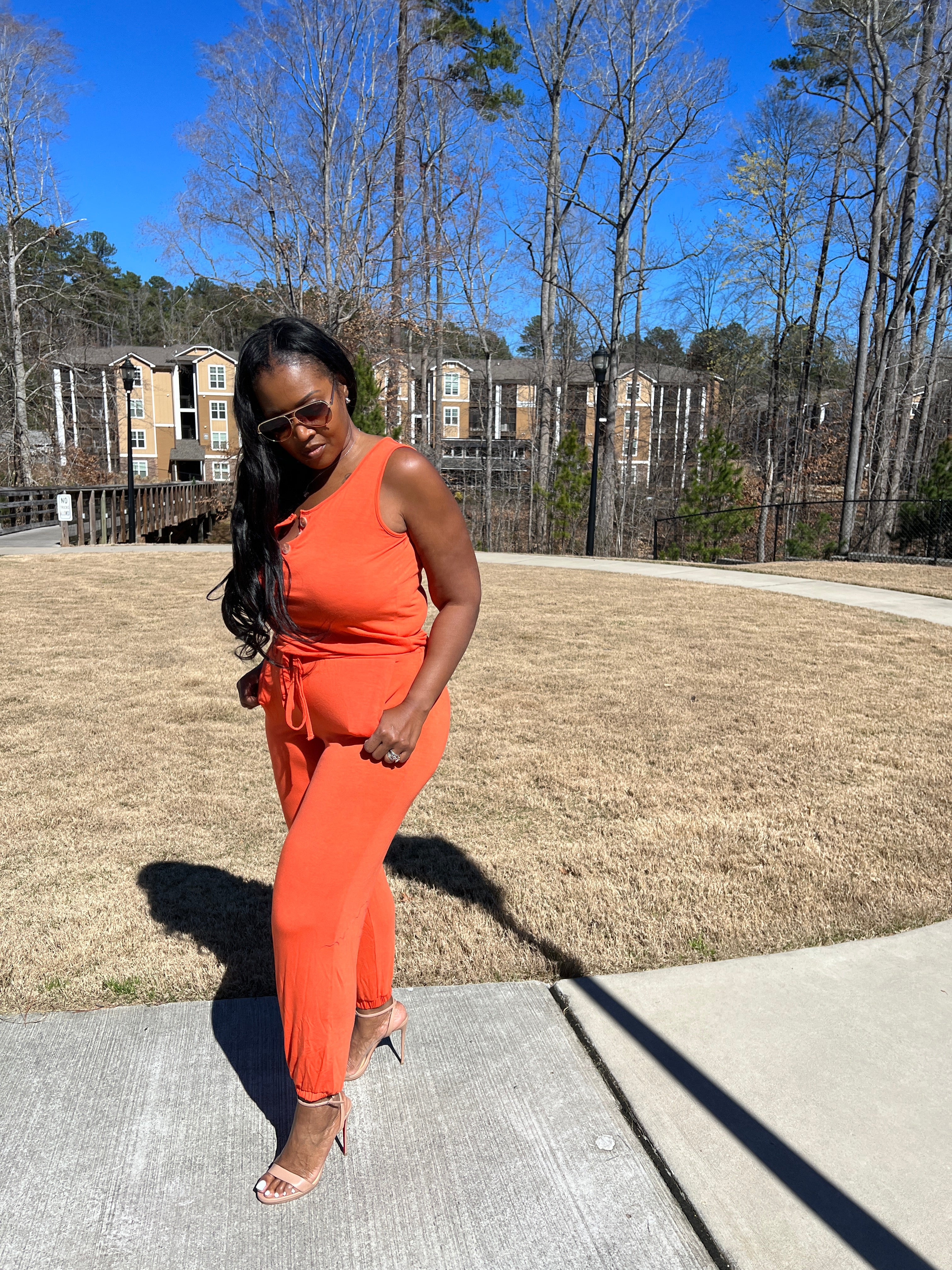 Casual Slay Button Front Jogger Jumpsuit -Orange