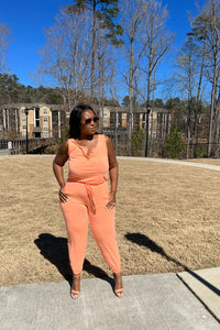 Casual Slay Button Front Jogger Jumpsuit -Neon Peach
