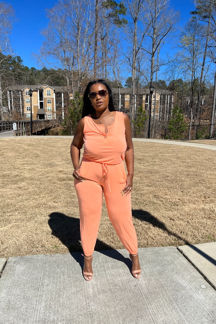 Casual Slay Button Front Jogger Jumpsuit -Neon Peach