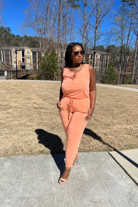 Casual Slay Button Front Jogger Jumpsuit -Neon Peach