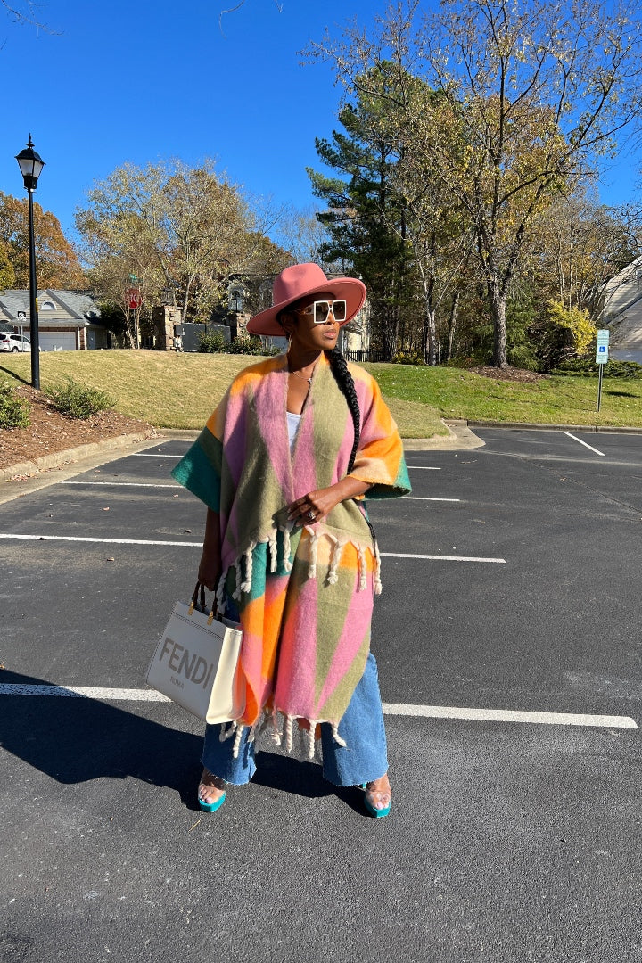Rich Auntie Winter Open Front Long Kimono - Pastel Pink Orange Blend