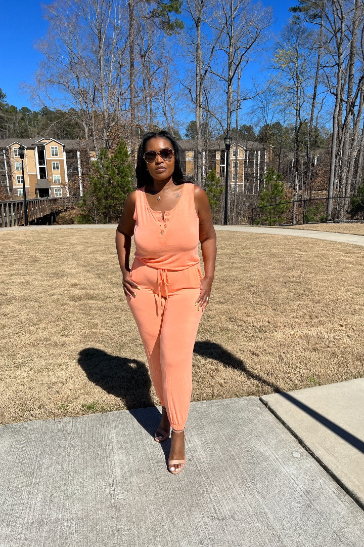 Casual Slay Button Front Jogger Jumpsuit -Neon Peach