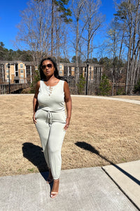 Casual Slay Button Front Jogger Jumpsuit -Light Green