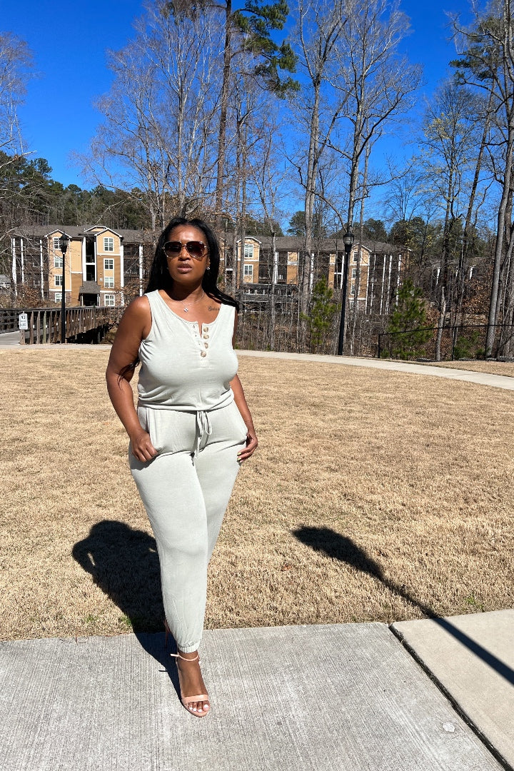 Casual Slay Button Front Jogger Jumpsuit -Light Green