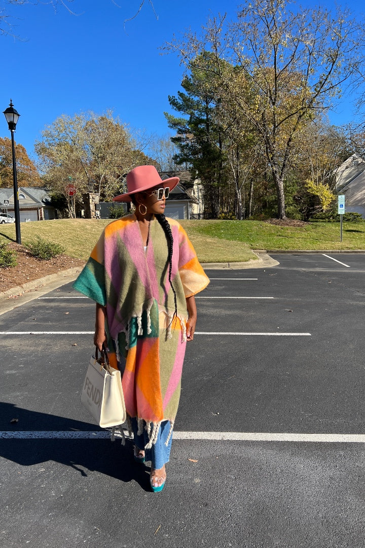 Rich Auntie Winter Open Front Long Kimono - Pastel Pink Orange Blend
