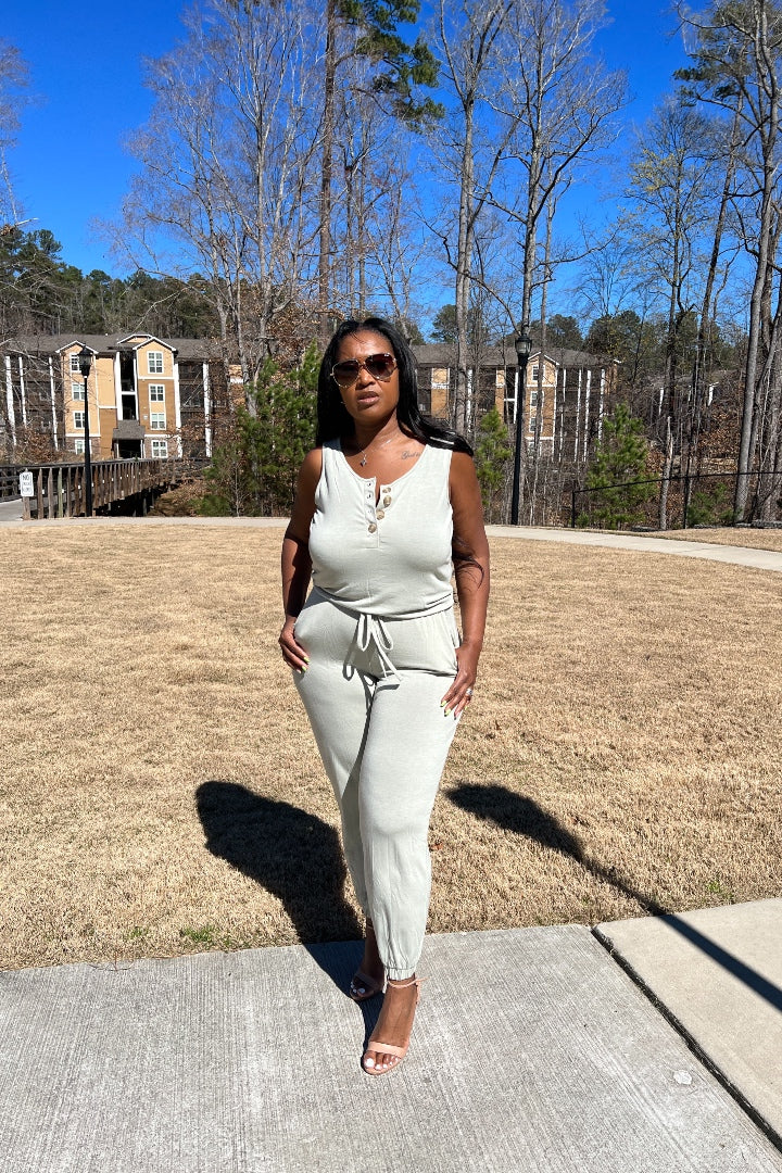 Casual Slay Button Front Jogger Jumpsuit -Light Green