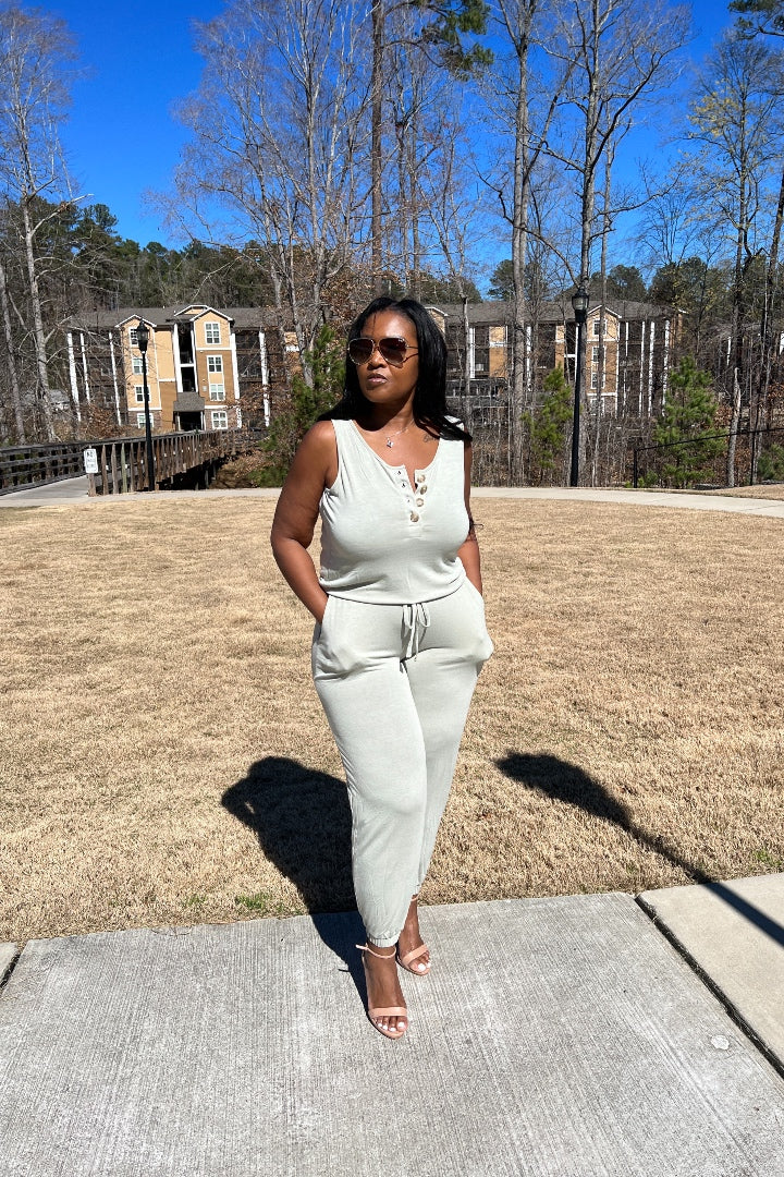 Casual Slay Button Front Jogger Jumpsuit -Light Green