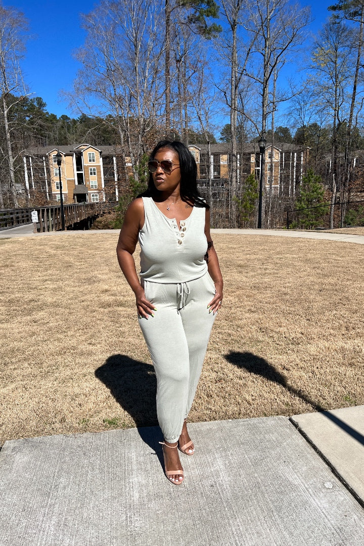 Casual Slay Button Front Jogger Jumpsuit -Light Green