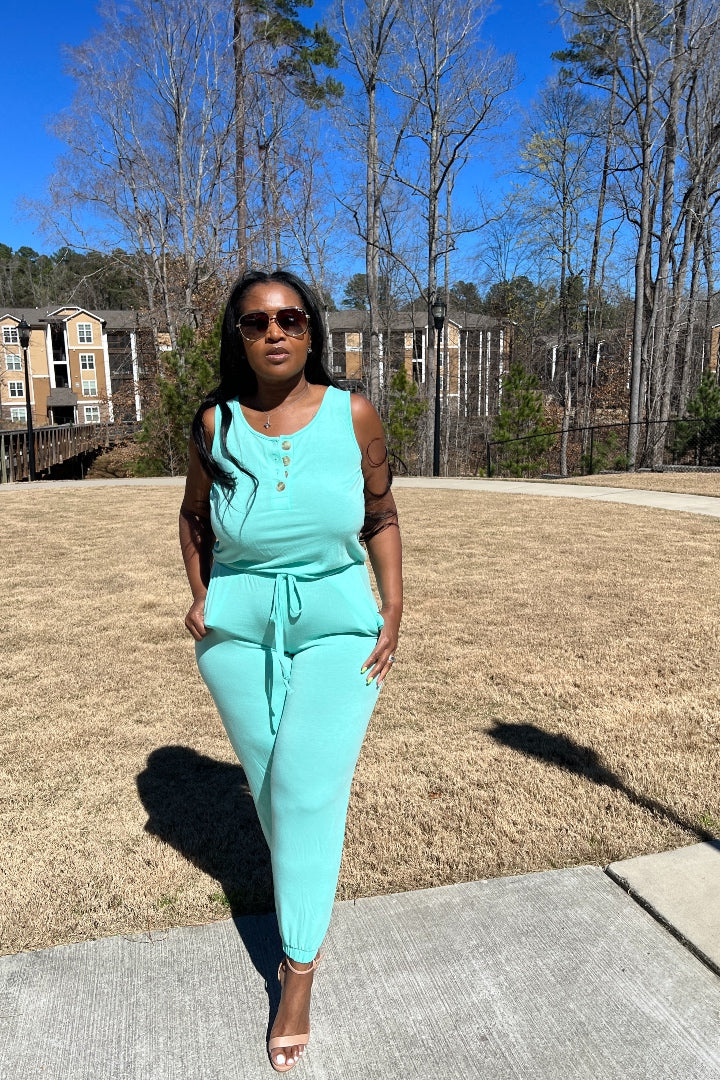 Casual Slay Button Front Jogger Jumpsuit - Pool Blue
