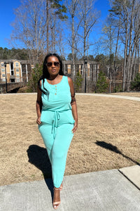 Casual Slay Button Front Jogger Jumpsuit - Pool Blue