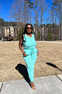 Casual Slay Button Front Jogger Jumpsuit - Pool Blue